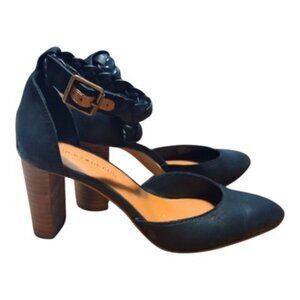 Lucky Women's Kainda Black Macadamia Leather Braided Ankle Strap 3" Stacked Pump